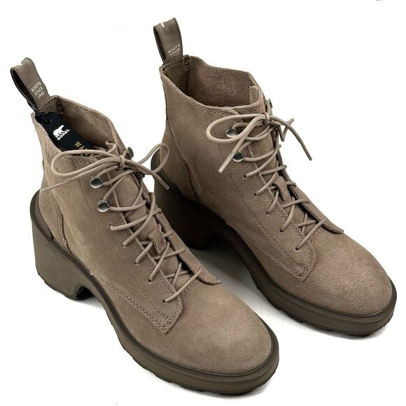 Sorel Hi-Line Heel Waterproof Lace Boot Khaki/Tan Suede Womens Size 7 New $200 - Picture 1 of 11